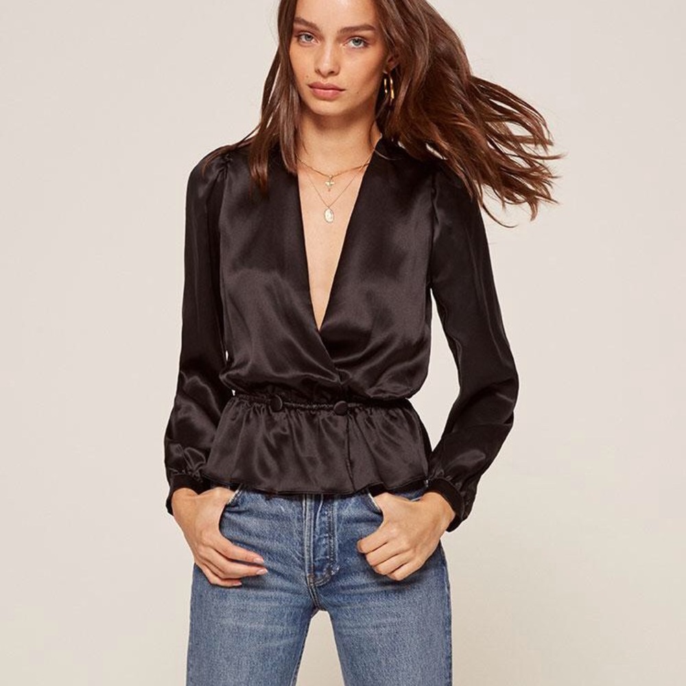 Reformation Black Satin Blouse